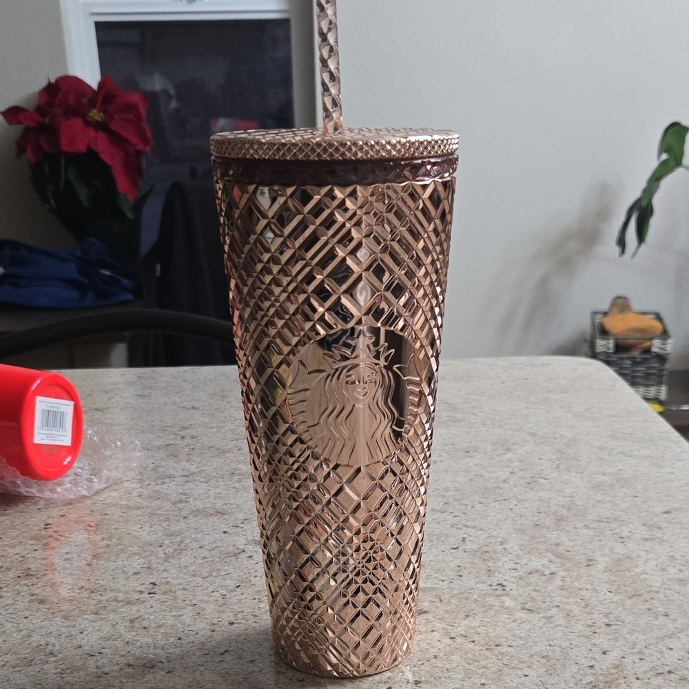 Starbucks MetallicPink Gold Tumbler with Straw Venti Size New